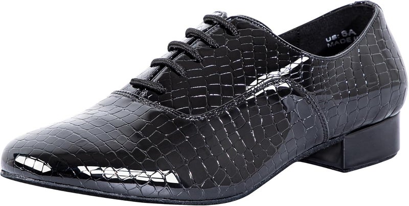 Linodes Men's Latin Dance Shoes 1 Inch Leather Sole Ballroom Salsa Tango Waltz Character Shoe-Black Patent Croco - Image 1